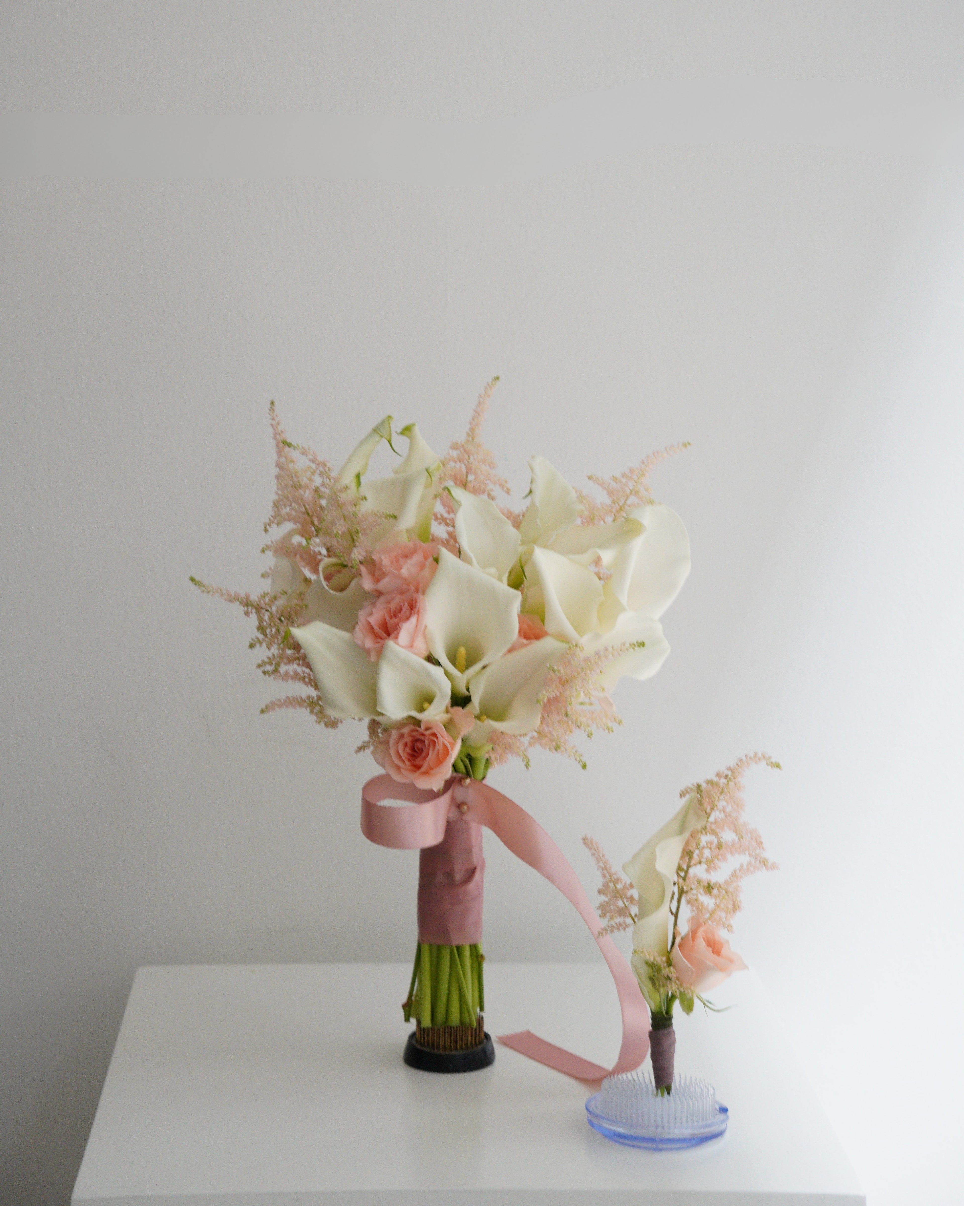 White Calla Lily and Pink Roses Bridal Bouquet