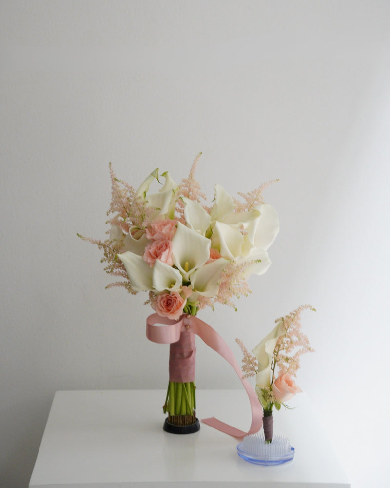 White Calla Lily and Pink Roses Bridal Bouquet - Fiore Arte